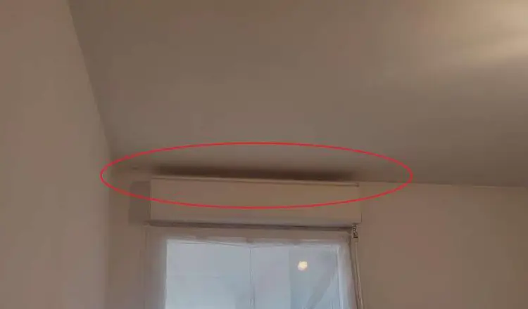 Trace sombre de moisissure au plafond, juste au-dessus du coffre de volet d'une fenêtre